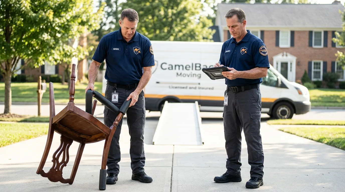 Movers inspecting furniture for damage prevention before loading in Mont Alto, PA