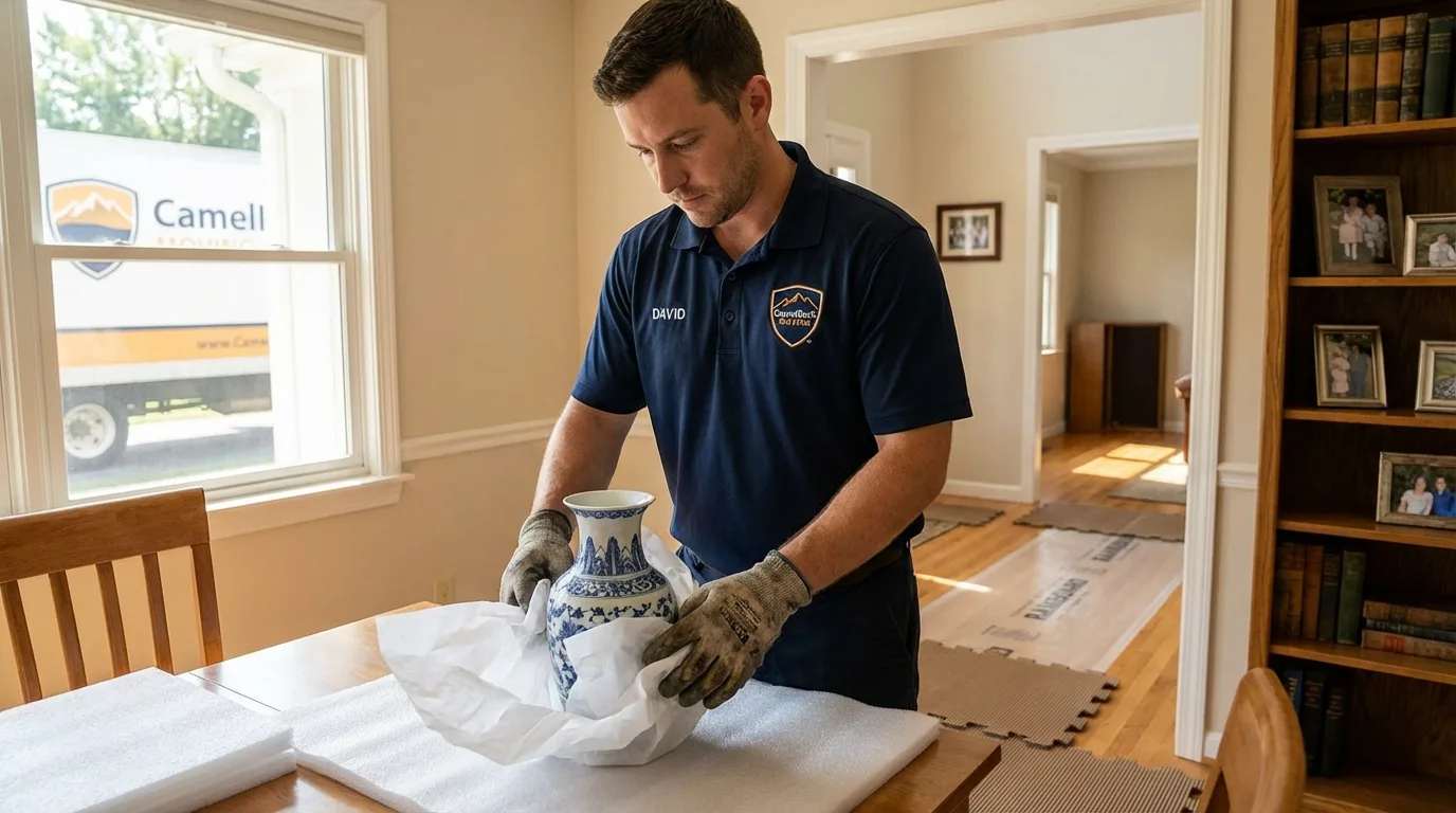 Professional crew carefully wrapping antique vase for senior downsizing move in Mont Alto, PA